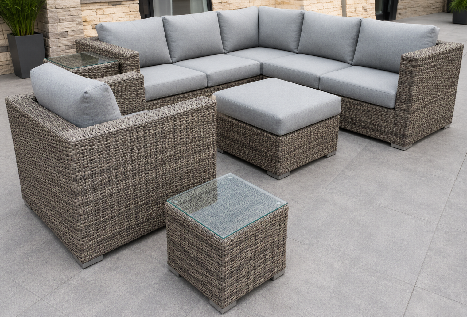 Marrakech outdoor sectional in Cast Slate Sunbrella fabric — patio setting