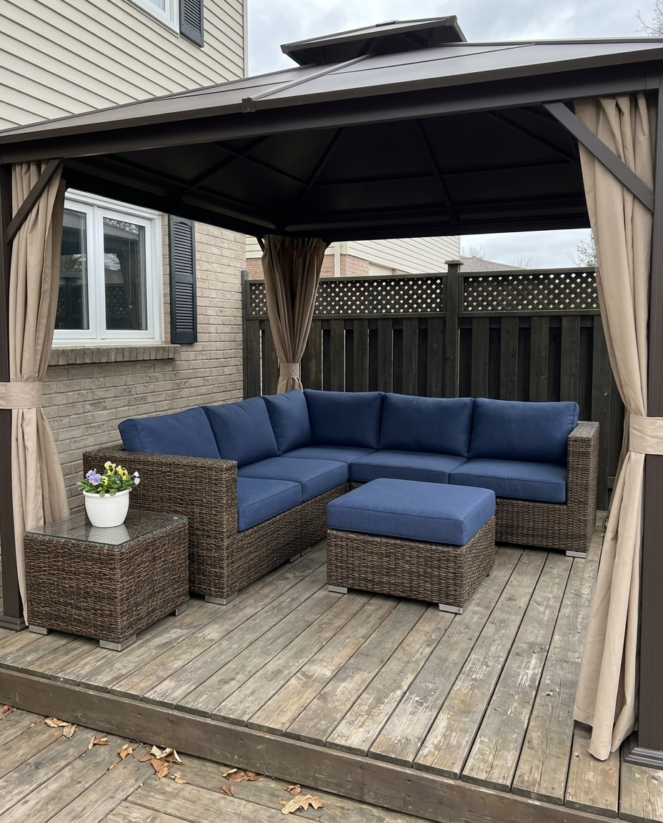 Real-life Sapphire Blue Sunbrella outdoor sectional set on a patio