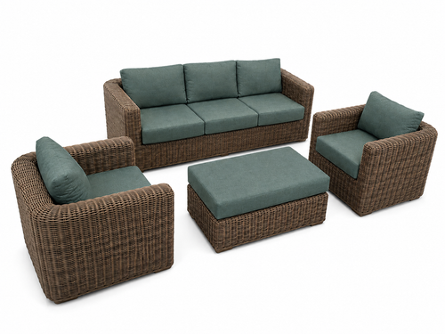 Coastal 5-piece outdoor rattan conversation set in dark sage green with Cast Slate cushions