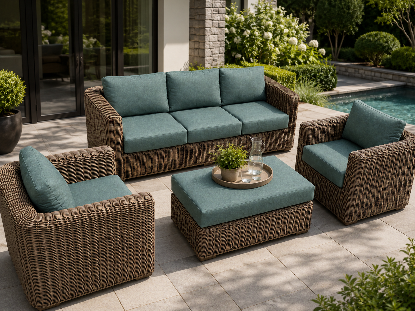 Coastal outdoor conversation set in dark sage green styled on a patio