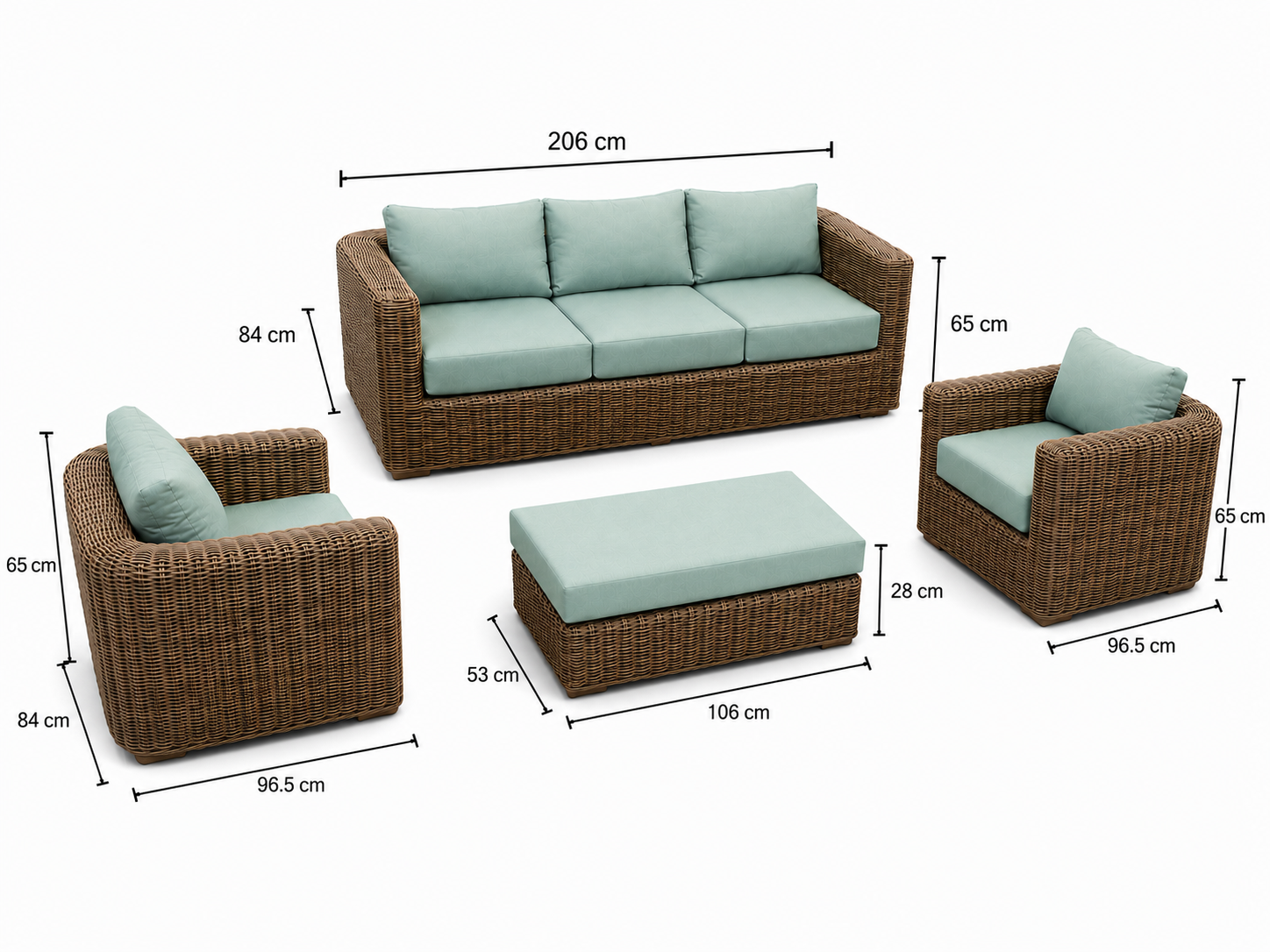 Coastal conversation set dimensions diagram in centimetres
