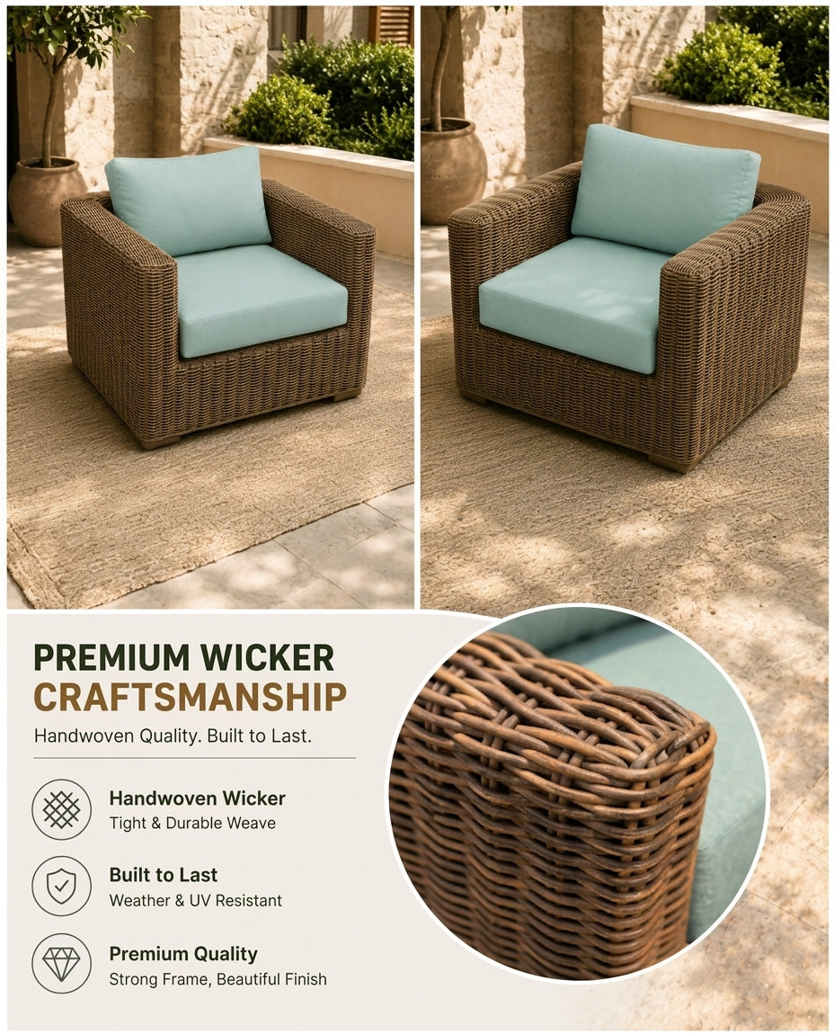 Coastal outdoor rattan conversation set styled on a backyard patio
