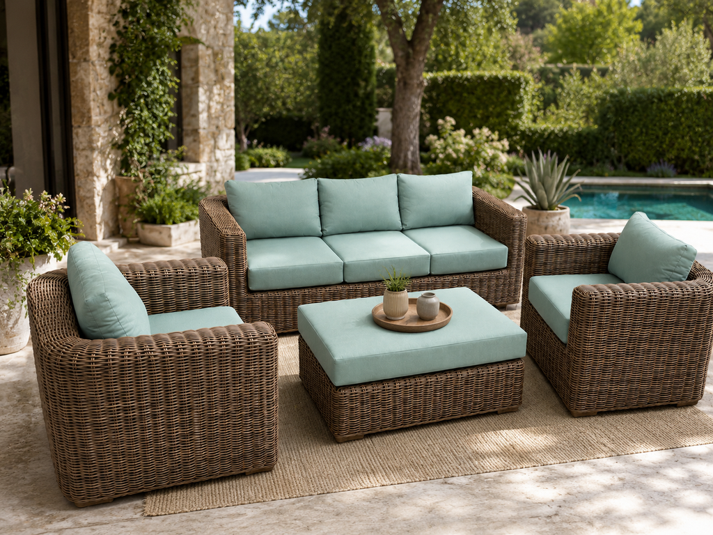 Coastal outdoor rattan conversation set with sage green cushions