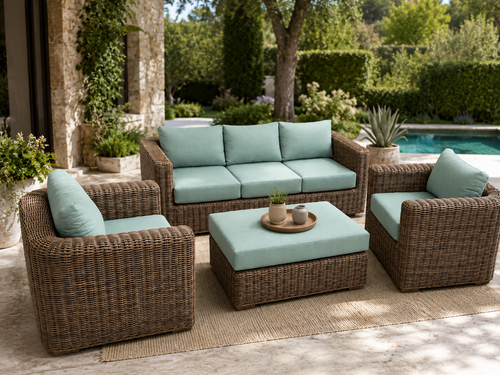 Coastal outdoor rattan conversation set with sage green cushions