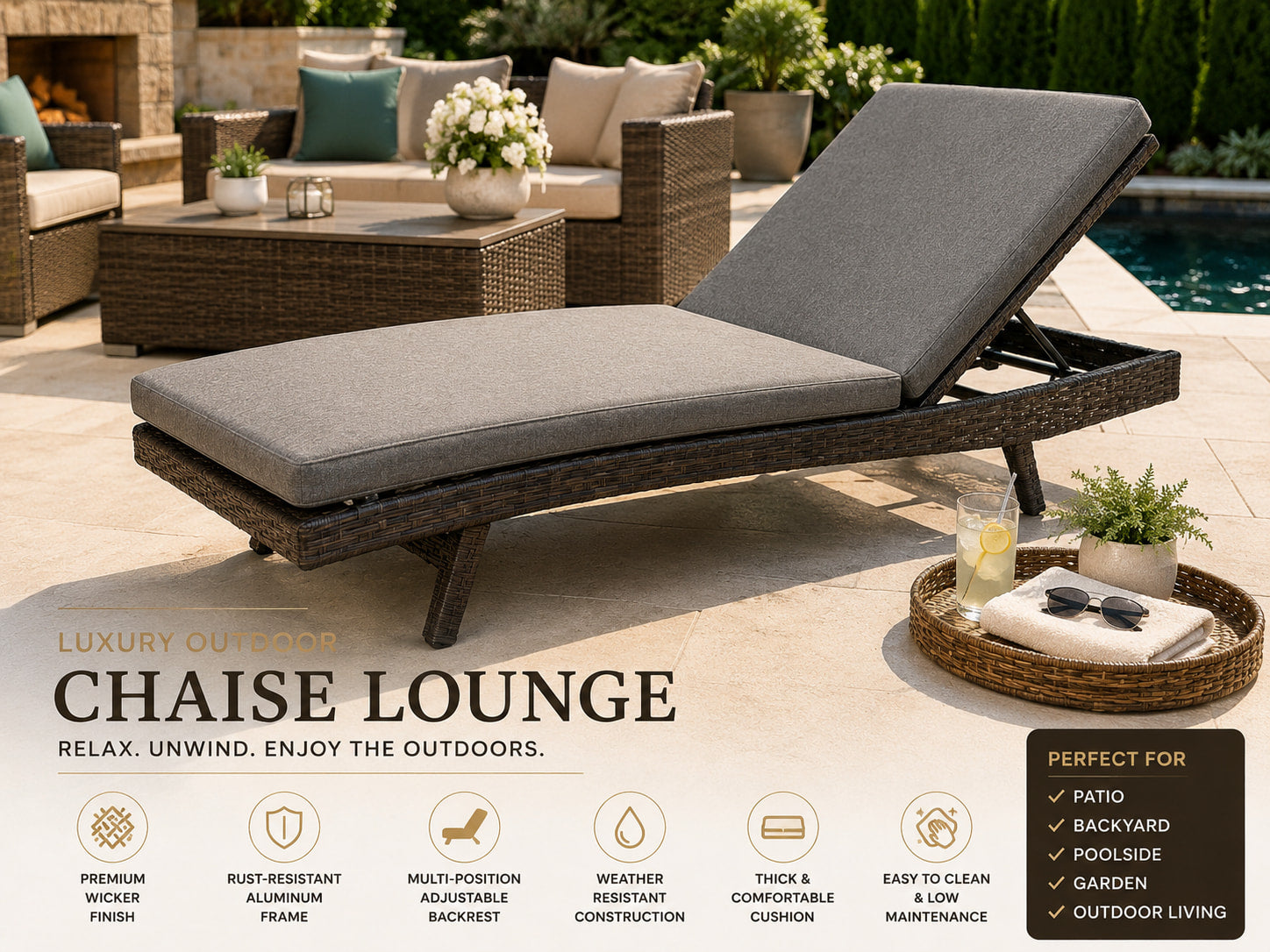 Elite adjustable outdoor rattan sun lounger with thick cushion