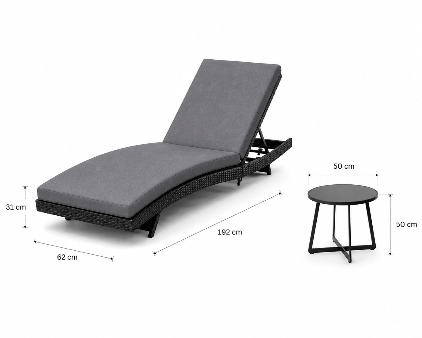 Elite sun lounger set dimensions diagram in centimetres