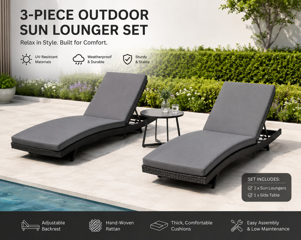 Two adjustable rattan sun loungers with cushions and a matching side table
