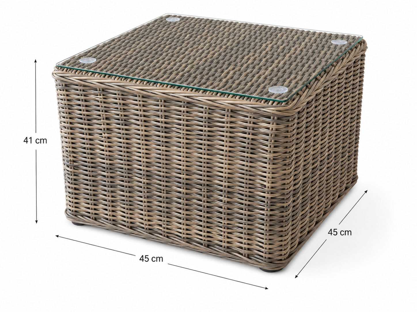 Marrakech outdoor glass-top rattan side table, front view
