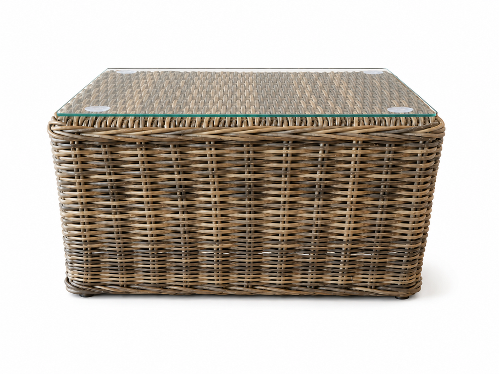 Marrakech outdoor rattan side table, low-angle front view
