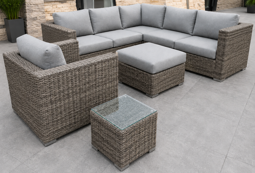 Marrakech outdoor rattan sectional with Sunbrella cushions