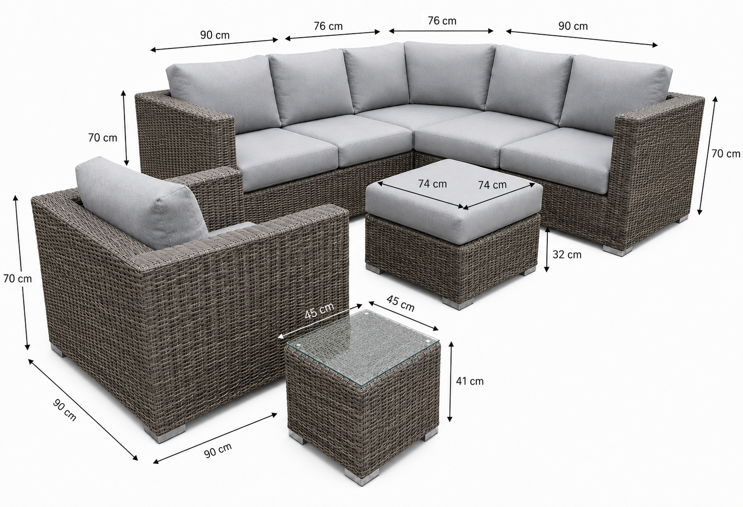 Marrakech 5-seater sectional set dimensions diagram in centimetres