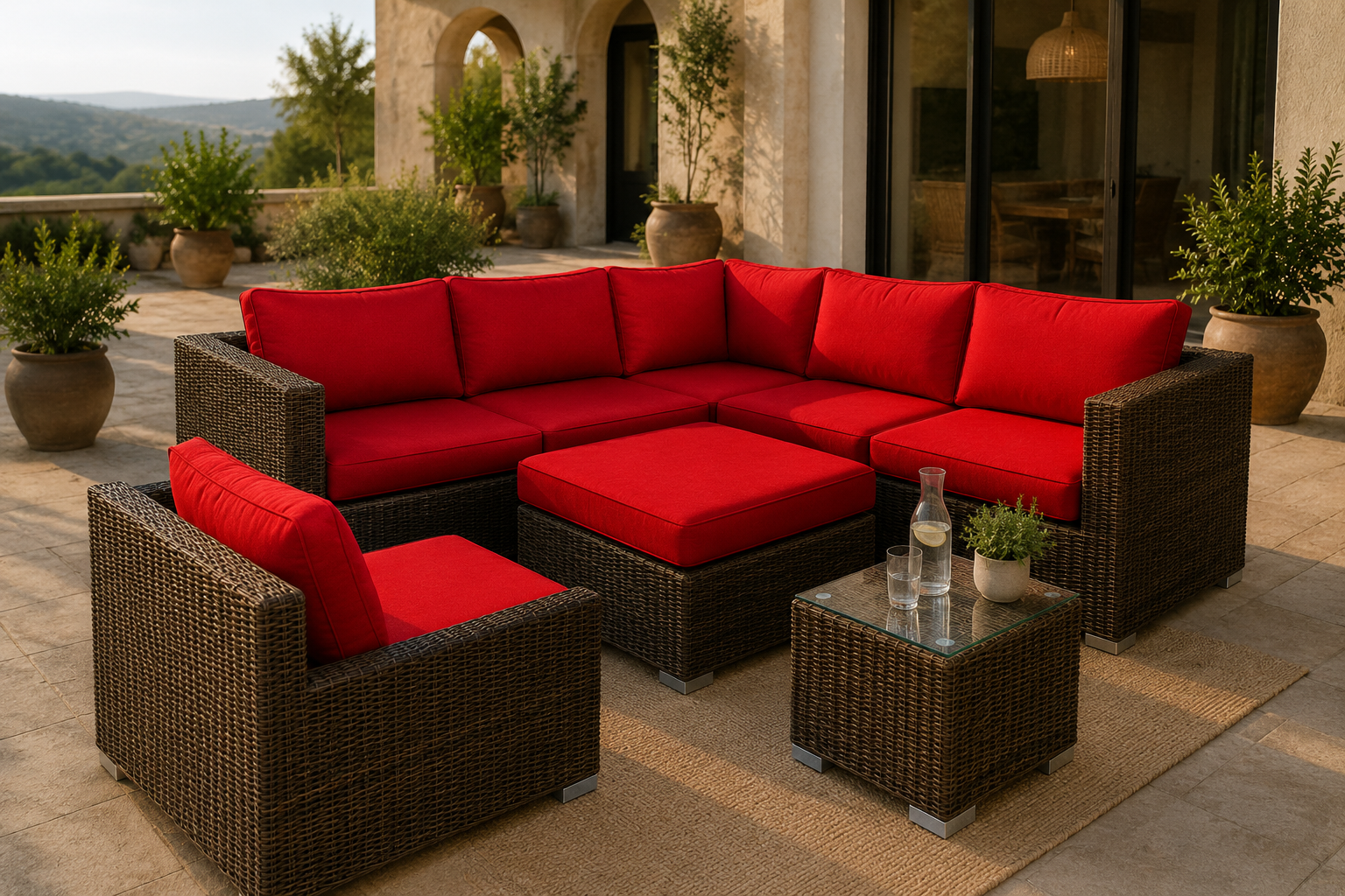 Marrakech 5-seater sectional set in Sunbrella Canvas Jockey Red on a patio