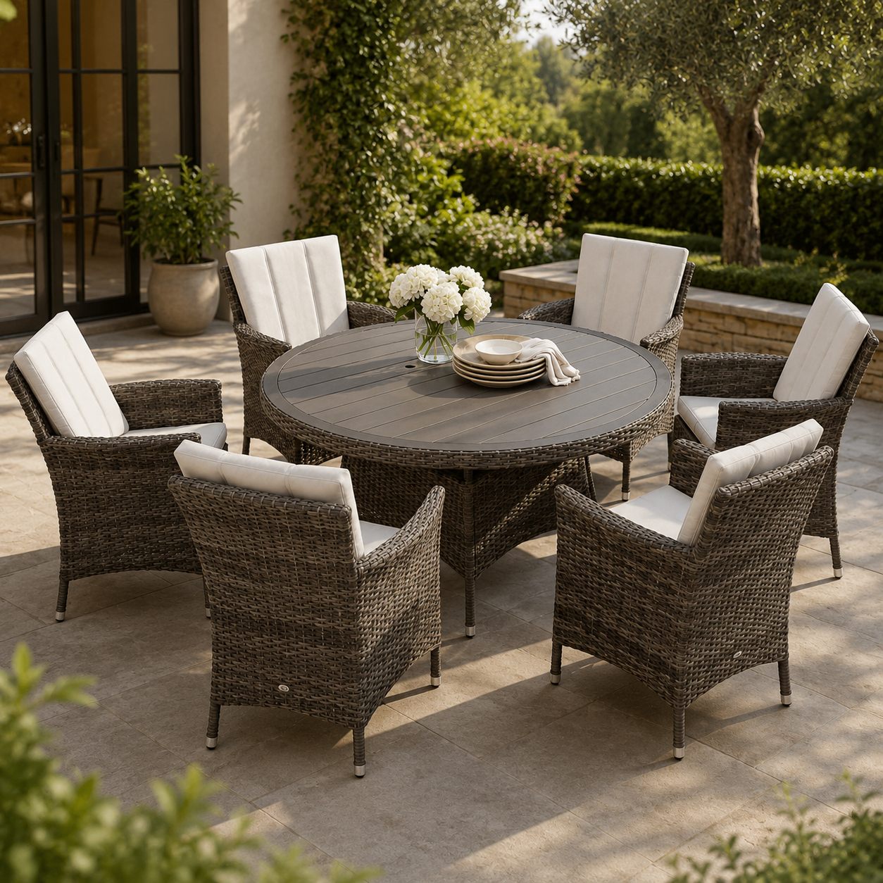 Monaco outdoor round rattan dining set with six chairs