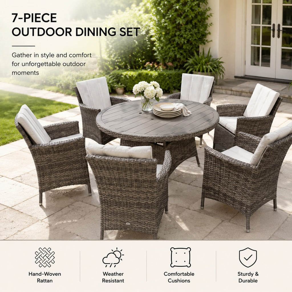Monaco outdoor rattan dining set with waterproof cushions on a patio