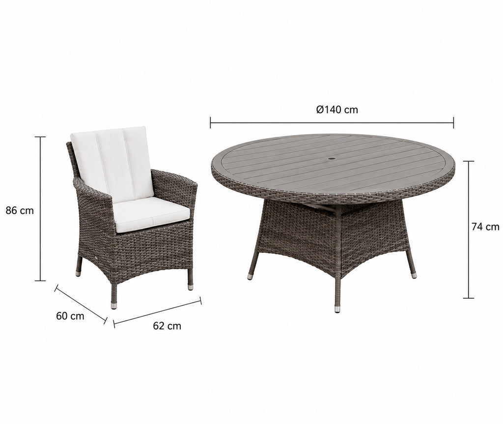 Monaco round rattan patio dining table with six wicker dining chairs