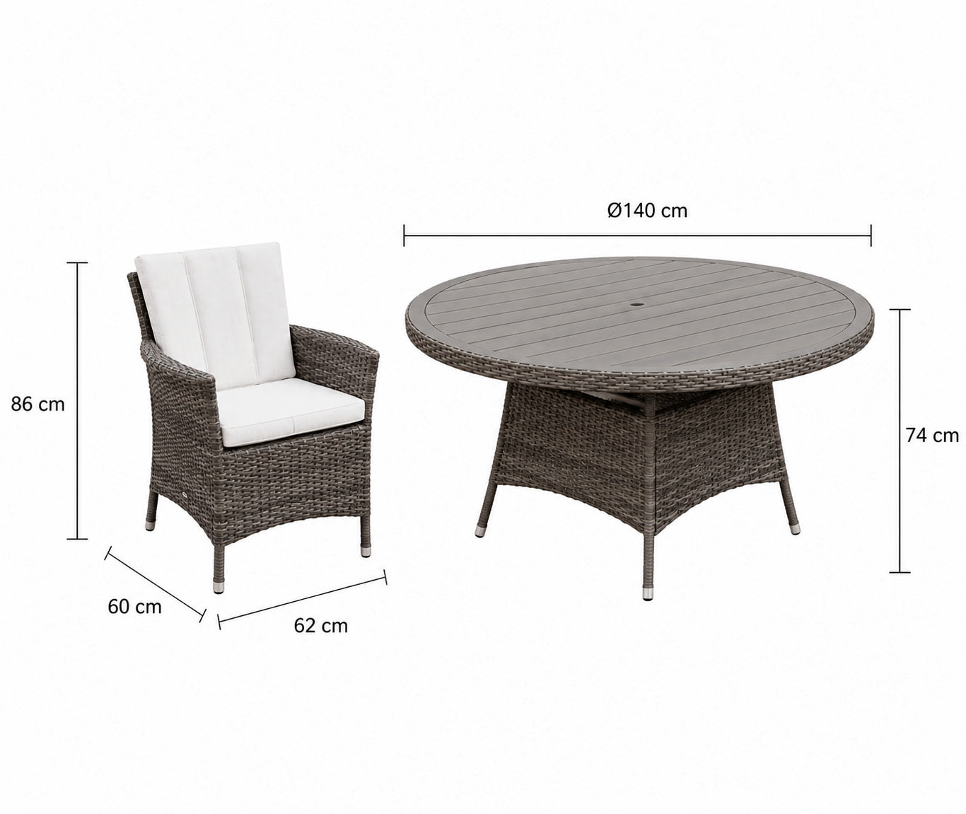 Monaco round rattan patio dining table with six wicker dining chairs