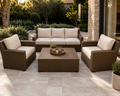 Royal Terrace outdoor rattan conversation set with beige cushions
