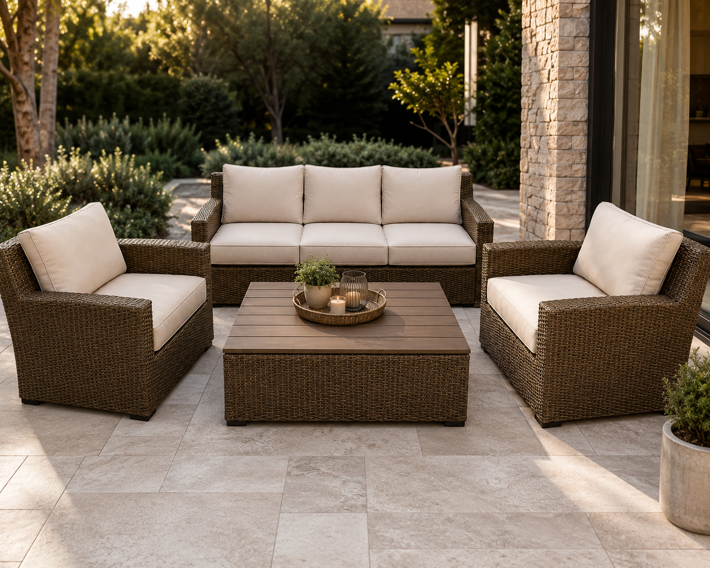 Royal Terrace outdoor rattan conversation set with beige cushions