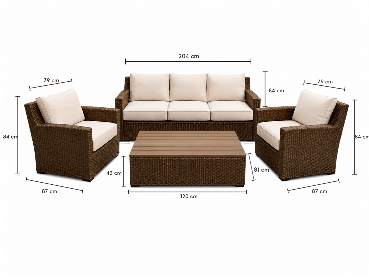 Royal Terrace conversation set dimensions diagram in centimetres