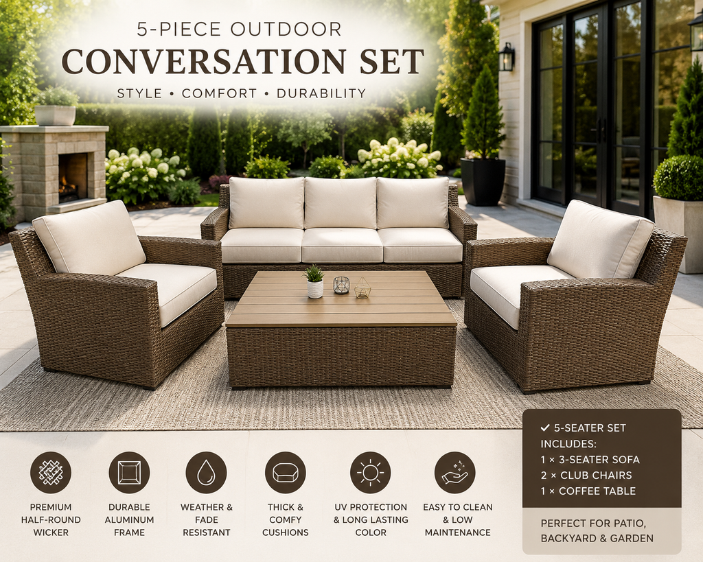Royal Terrace outdoor rattan sofa set on a backyard patio